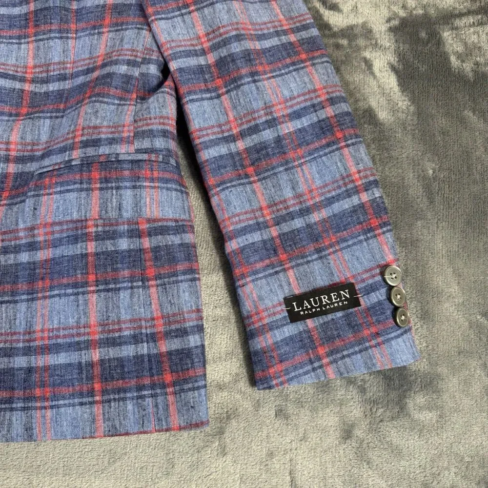 LAUREN RALPH LAUREN Boy 14R Bloxbury Blue Red Plaid Sport Coat Blazer Linen Blen